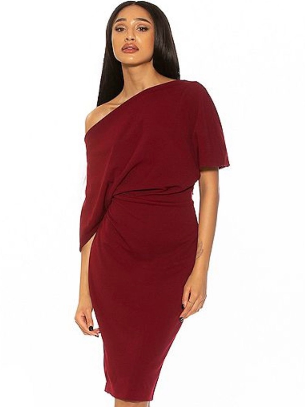 NWT Women's One-Shoulder Twist Midi Dress - Burgundy
